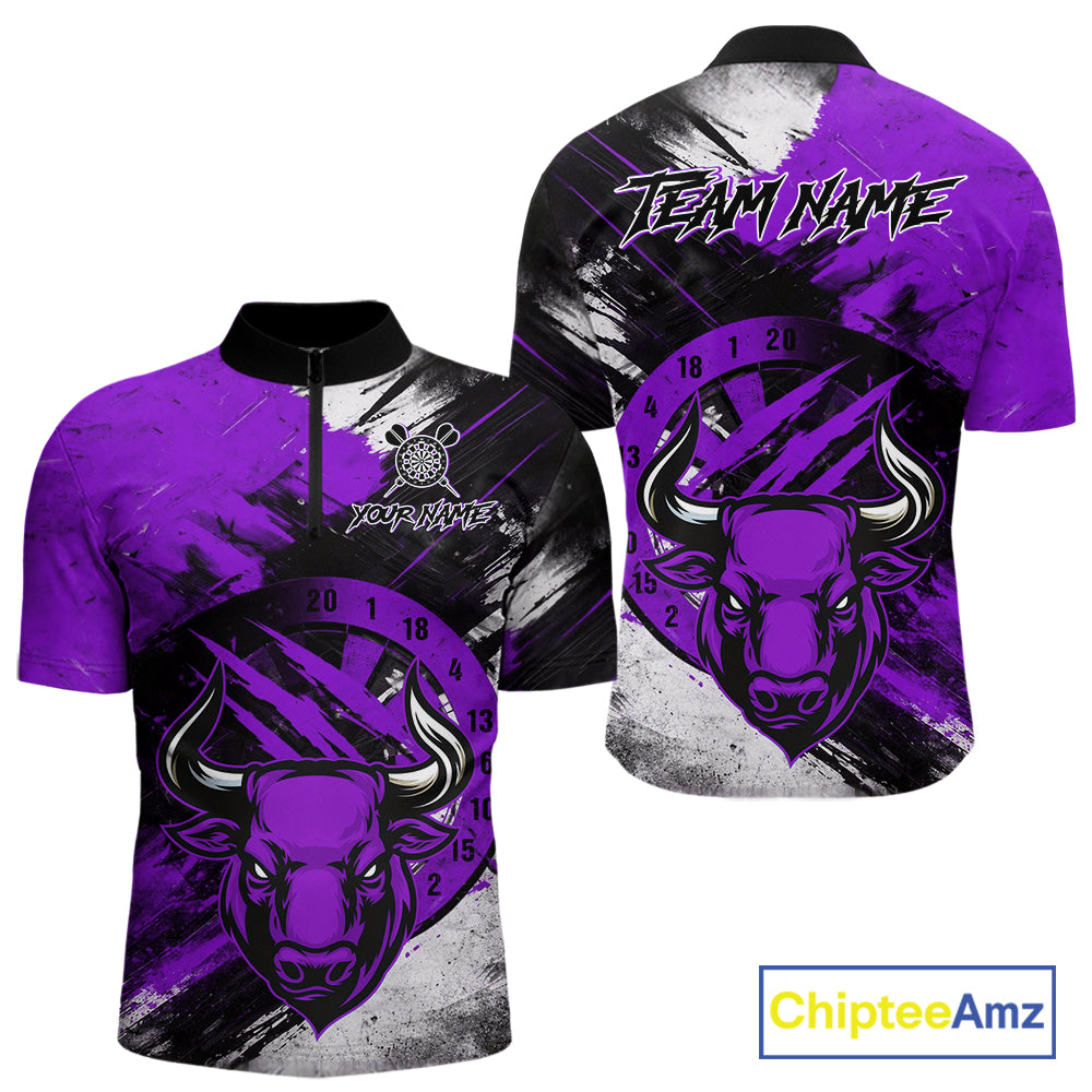 Custom Purple Grunge Funny Bull Darts Polo & 1/4 Zip Shirt For Men Bull Darts Team Jerseys NYN4276