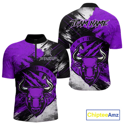 Custom Purple Grunge Funny Bull Darts Polo & 1/4 Zip Shirt For Men Bull Darts Team Jerseys NYN4276