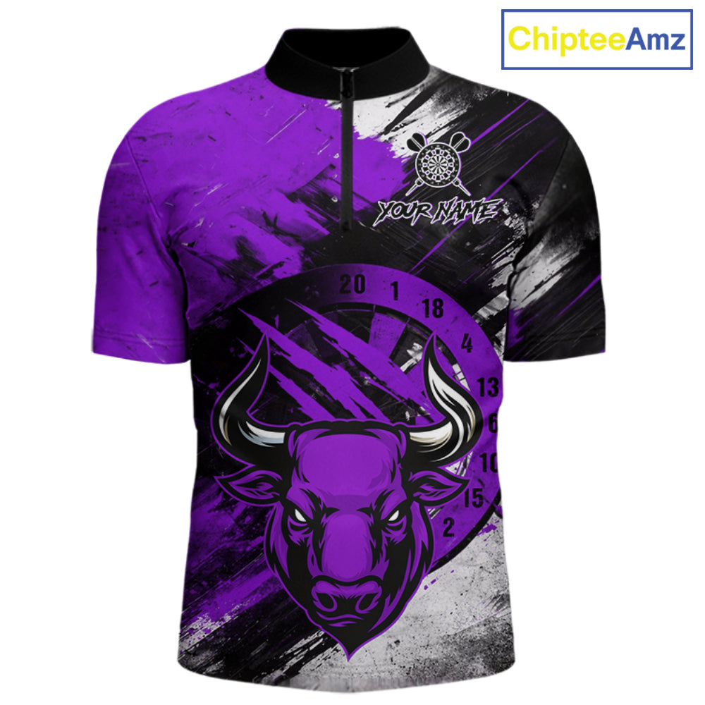 Custom Purple Grunge Funny Bull Darts Polo & 1/4 Zip Shirt For Men Bull Darts Team Jerseys NYN4276