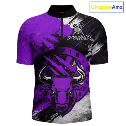 Custom Purple Grunge Funny Bull Darts Polo & 1/4 Zip Shirt For Men Bull Darts Team Jerseys NYN4276