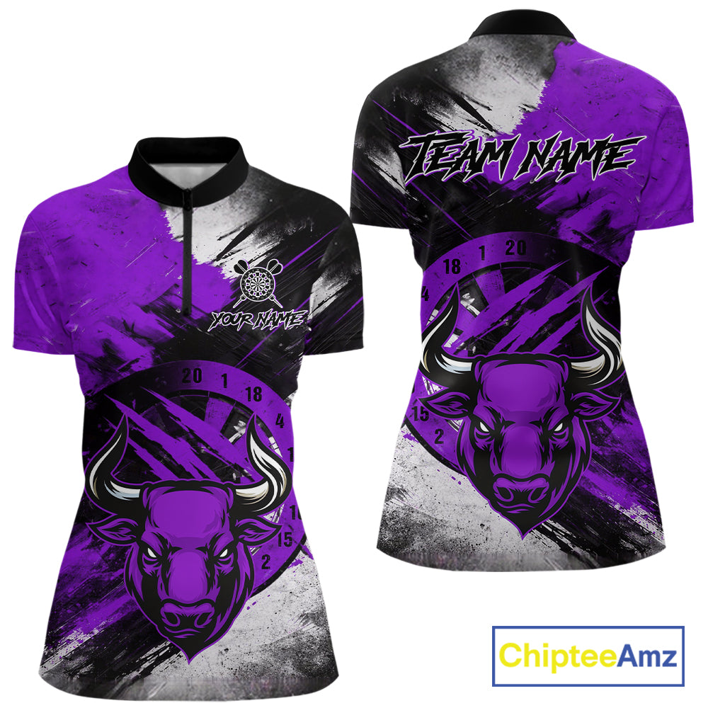 Custom Purple Grunge Funny Bull Darts Polo & 1/4 Zip Shirt For Women Bull Darts Team Jerseys NYN4276