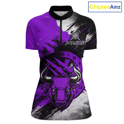 Custom Purple Grunge Funny Bull Darts Polo & 1/4 Zip Shirt For Women Bull Darts Team Jerseys NYN4276
