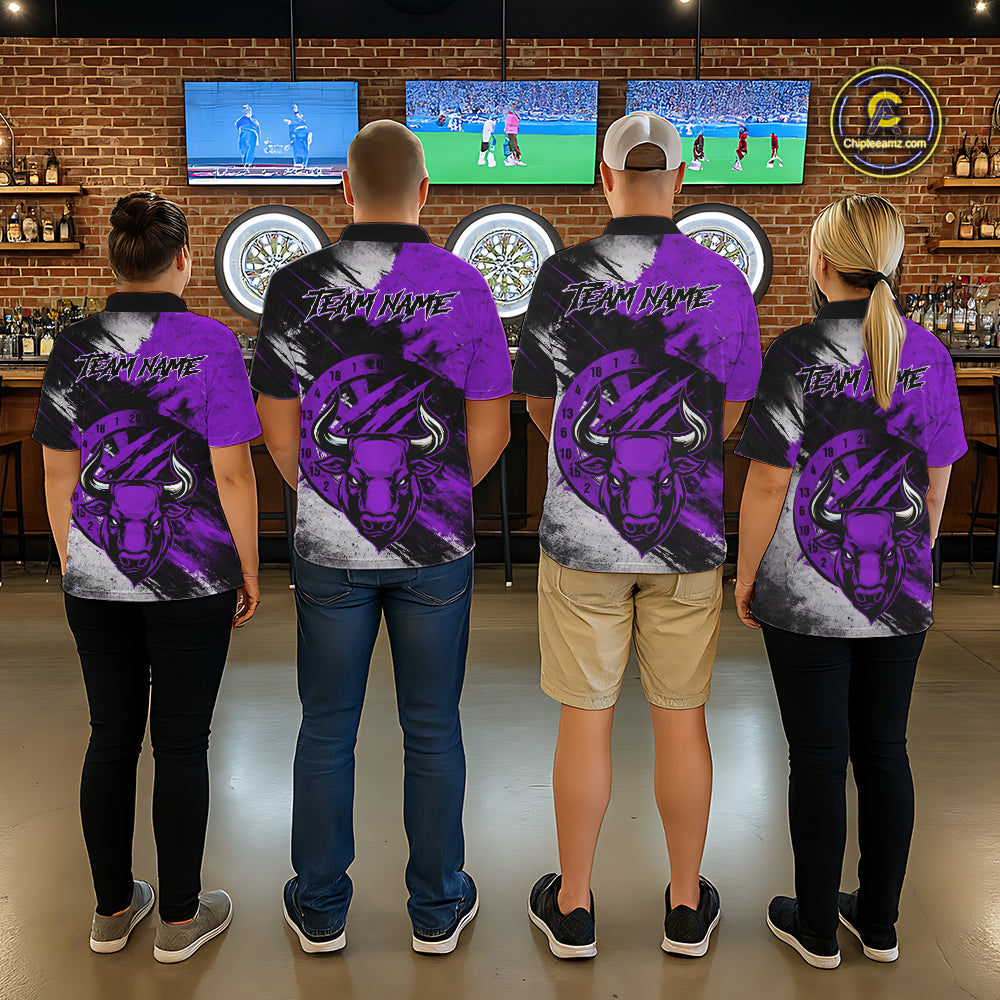 Custom Purple Grunge Funny Bull Darts Polo & 1/4 Zip Shirt For Men Bull Darts Team Jerseys NYN4276