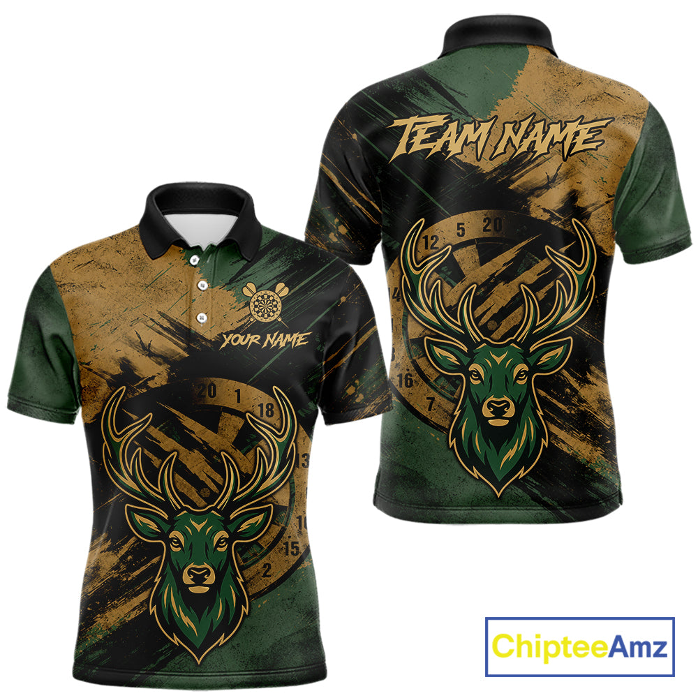 Custom Green & Gold Grunge Funny Deer Darts Polo & 1/4 Zip Shirt For Men Deer Darts Team Jerseys NYN4277