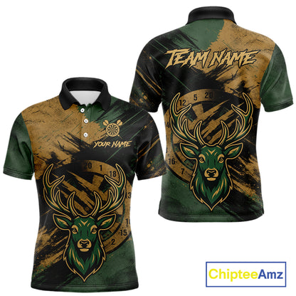 Custom Green & Gold Grunge Funny Deer Darts Polo & 1/4 Zip Shirt For Men Deer Darts Team Jerseys NYN4277