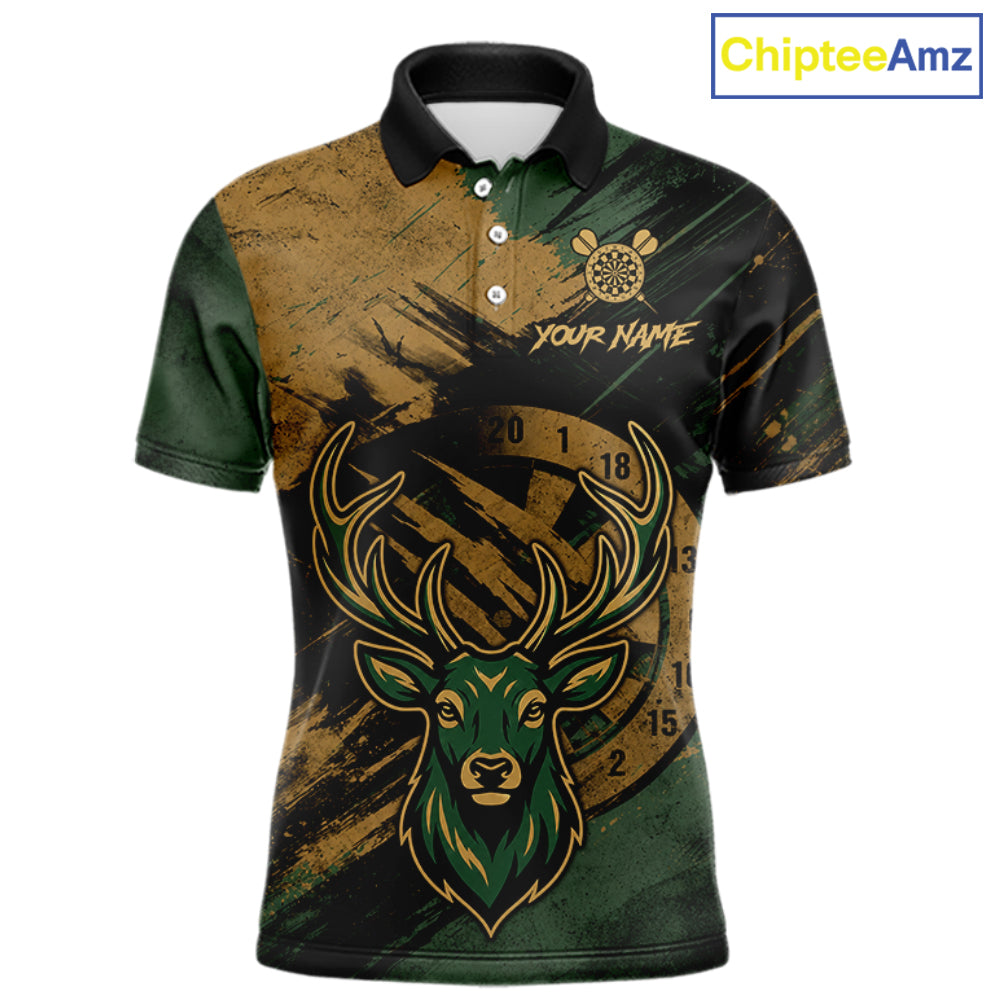 Custom Green & Gold Grunge Funny Deer Darts Polo & 1/4 Zip Shirt For Men Deer Darts Team Jerseys NYN4277