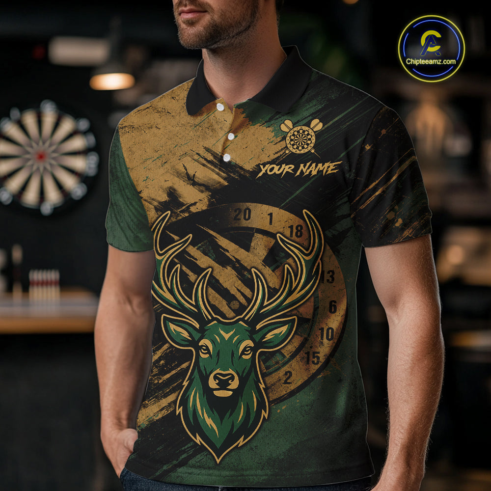 Custom Green & Gold Grunge Funny Deer Darts Polo & 1/4 Zip Shirt For Men Deer Darts Team Jerseys NYN4277