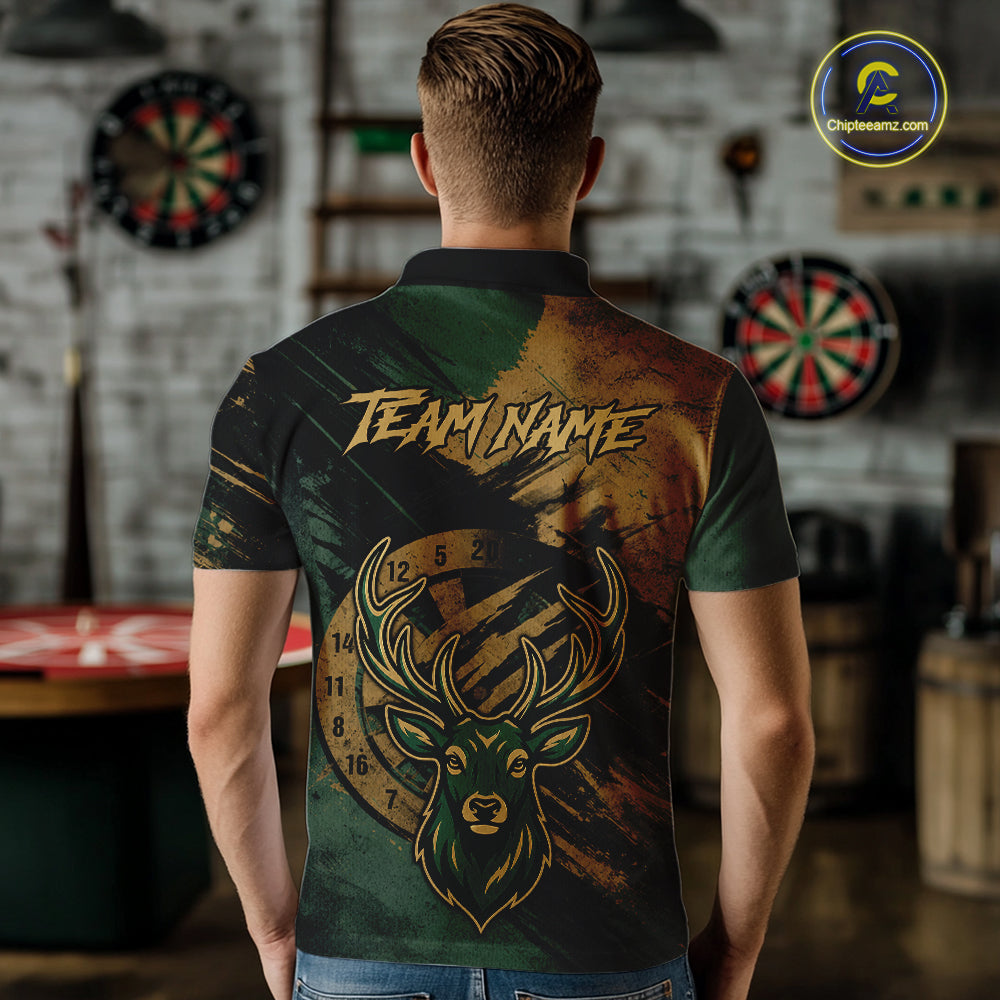 Custom Green & Gold Grunge Funny Deer Darts Polo & 1/4 Zip Shirt For Men Deer Darts Team Jerseys NYN4277