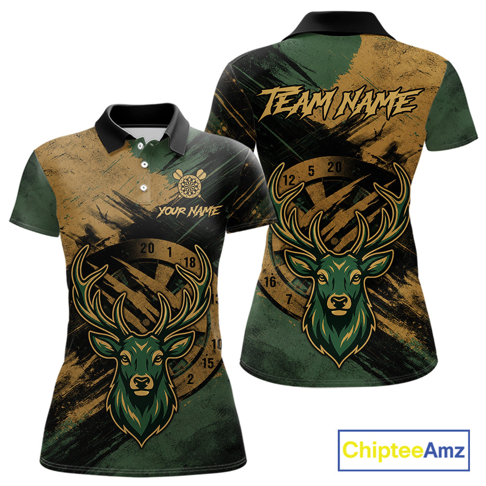 Custom Green & Gold Grunge Funny Deer Darts Polo & 1/4 Zip Shirt For Women Deer Darts Team Jerseys NYN4277