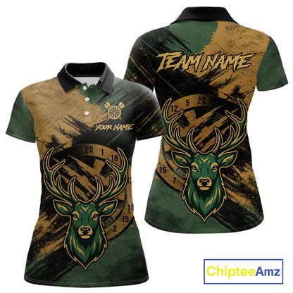 Custom Green & Gold Grunge Funny Deer Darts Polo & 1/4 Zip Shirt For Women Deer Darts Team Jerseys NYN4277
