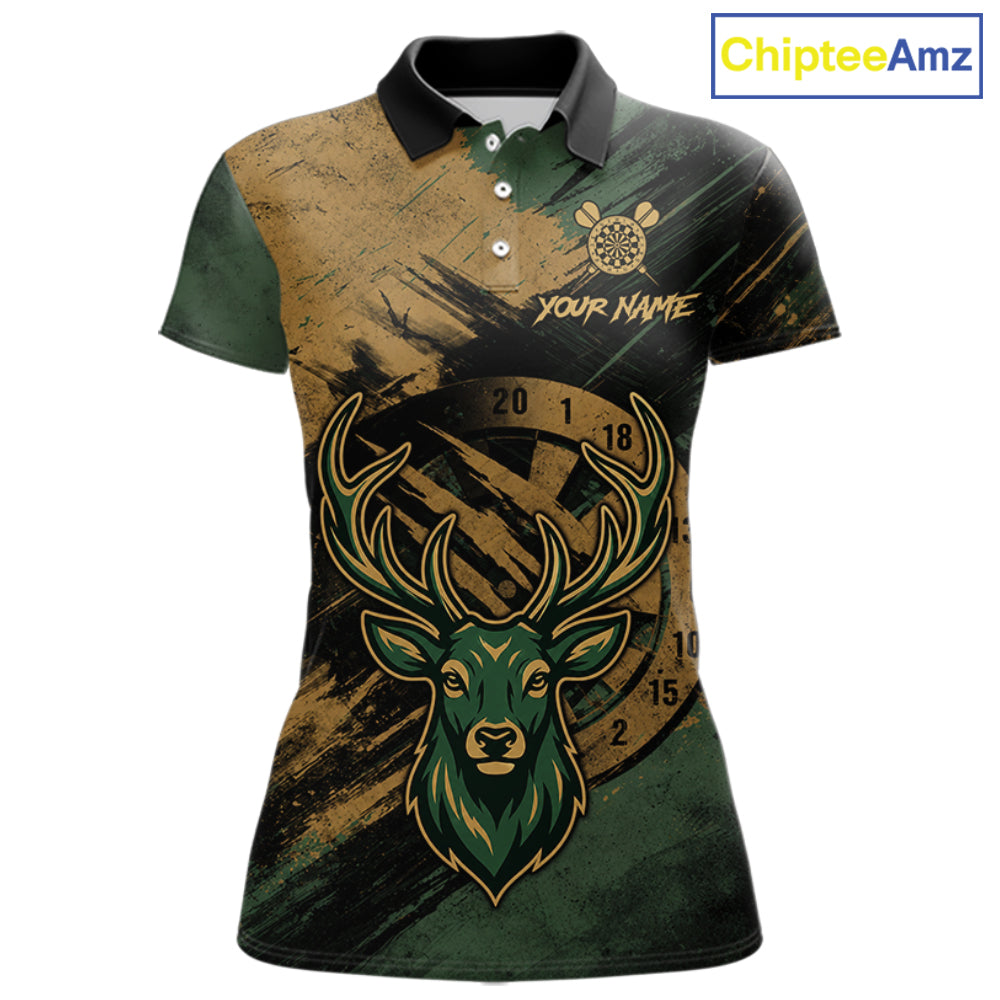 Custom Green & Gold Grunge Funny Deer Darts Polo & 1/4 Zip Shirt For Women Deer Darts Team Jerseys NYN4277