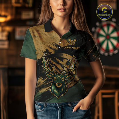 Custom Green & Gold Grunge Funny Deer Darts Polo & 1/4 Zip Shirt For Women Deer Darts Team Jerseys NYN4277