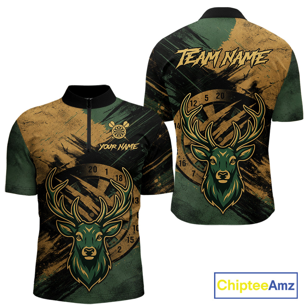 Custom Green & Gold Grunge Funny Deer Darts Polo & 1/4 Zip Shirt For Men Deer Darts Team Jerseys NYN4277