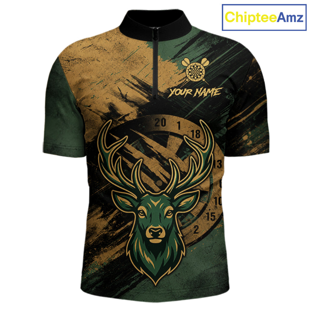 Custom Green & Gold Grunge Funny Deer Darts Polo & 1/4 Zip Shirt For Men Deer Darts Team Jerseys NYN4277