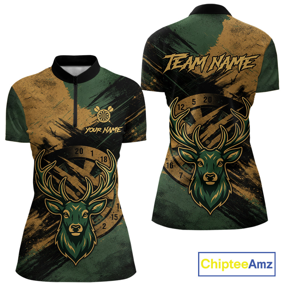 Custom Green & Gold Grunge Funny Deer Darts Polo & 1/4 Zip Shirt For Women Deer Darts Team Jerseys NYN4277