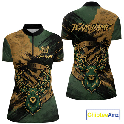 Custom Green & Gold Grunge Funny Deer Darts Polo & 1/4 Zip Shirt For Women Deer Darts Team Jerseys NYN4277