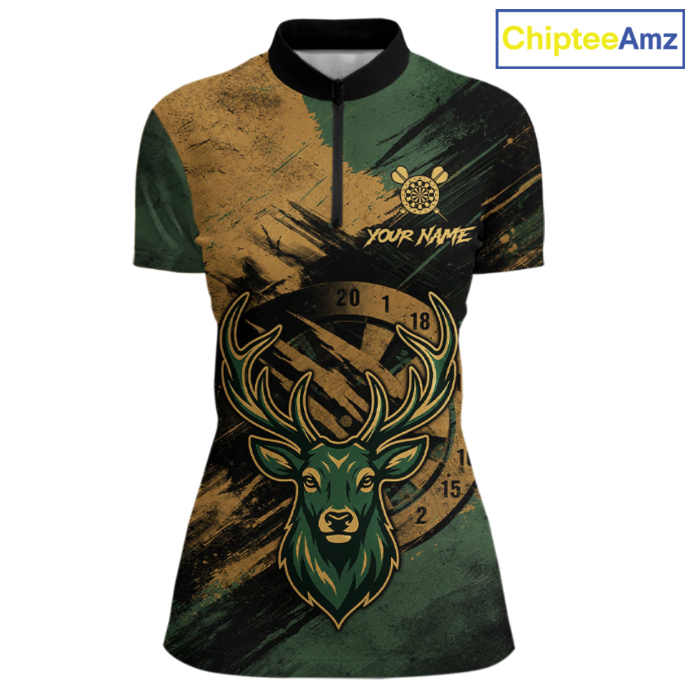 Custom Green & Gold Grunge Funny Deer Darts Polo & 1/4 Zip Shirt For Women Deer Darts Team Jerseys NYN4277