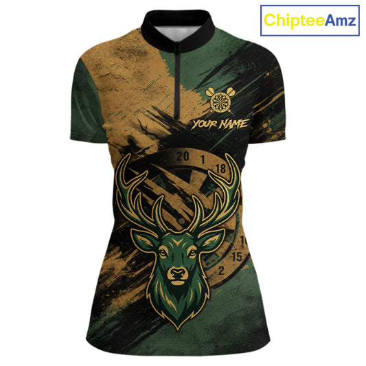 Custom Green & Gold Grunge Funny Deer Darts Polo & 1/4 Zip Shirt For Women Deer Darts Team Jerseys NYN4277