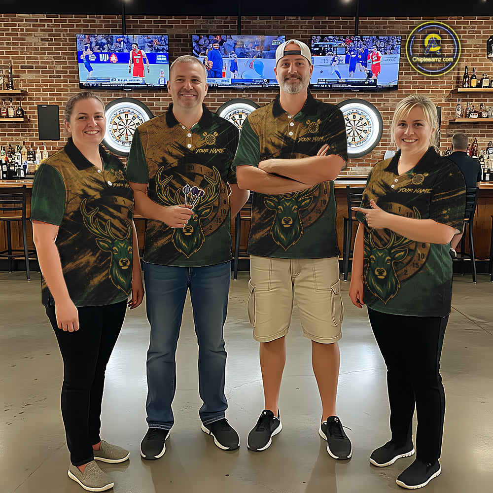Custom Green & Gold Grunge Funny Deer Darts Polo & 1/4 Zip Shirt For Men Deer Darts Team Jerseys NYN4277