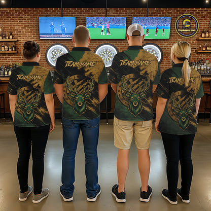 Custom Green & Gold Grunge Funny Deer Darts Polo & 1/4 Zip Shirt For Men Deer Darts Team Jerseys NYN4277