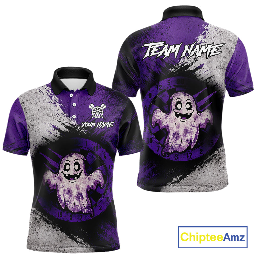 Custom Purple Grunge Halloween Ghost Dart Polo & 1/4 Zip Shirt For Men Halloween Darts Team Jersey NYN4278
