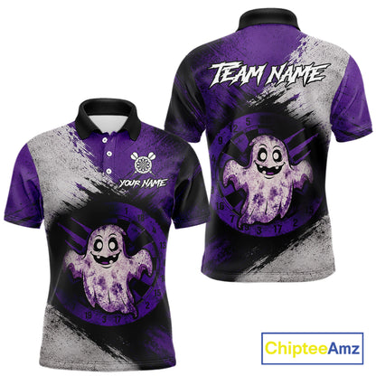 Custom Purple Grunge Halloween Ghost Dart Polo & 1/4 Zip Shirt For Men Halloween Darts Team Jersey NYN4278