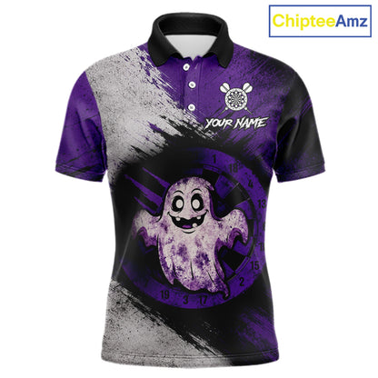 Custom Purple Grunge Halloween Ghost Dart Polo & 1/4 Zip Shirt For Men Halloween Darts Team Jersey NYN4278