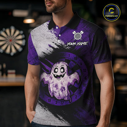 Custom Purple Grunge Halloween Ghost Dart Polo & 1/4 Zip Shirt For Men Halloween Darts Team Jersey NYN4278