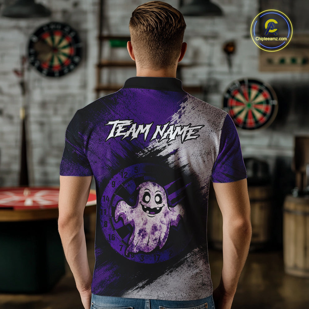 Custom Purple Grunge Halloween Ghost Dart Polo & 1/4 Zip Shirt For Men Halloween Darts Team Jersey NYN4278
