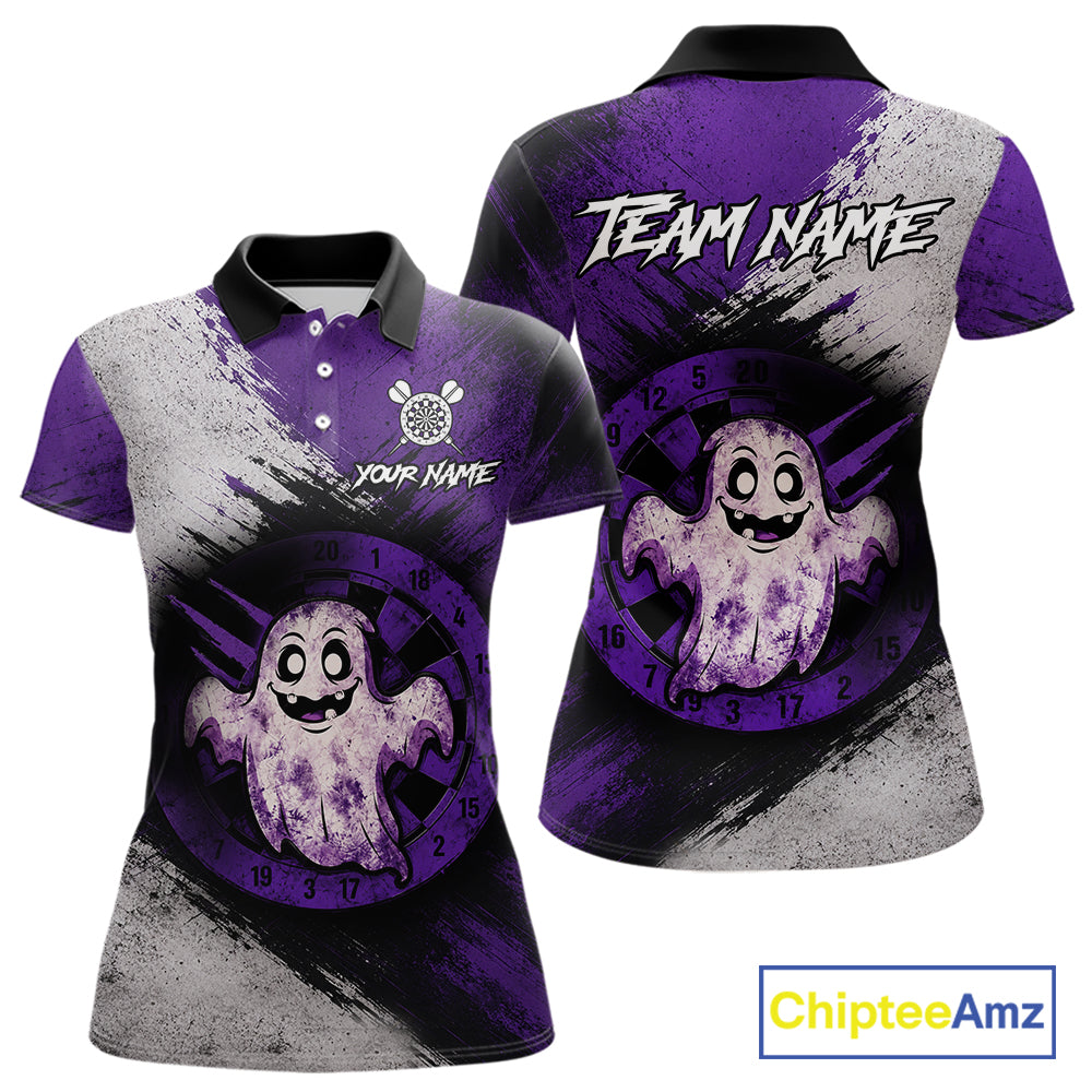 Custom Purple Grunge Halloween Ghost Dart Polo & 1/4 Zip Shirt For Women Halloween Darts Team Jersey NYN4278