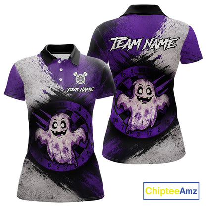 Custom Purple Grunge Halloween Ghost Dart Polo & 1/4 Zip Shirt For Women Halloween Darts Team Jersey NYN4278