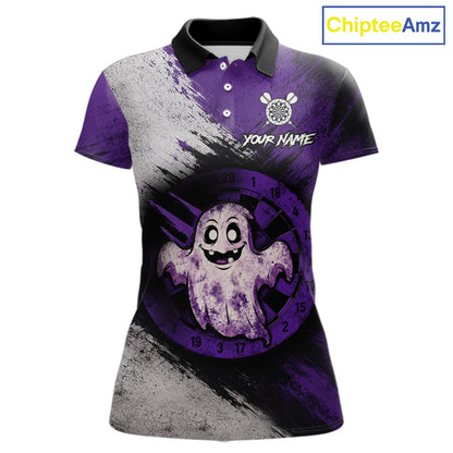 Custom Purple Grunge Halloween Ghost Dart Polo & 1/4 Zip Shirt For Women Halloween Darts Team Jersey NYN4278