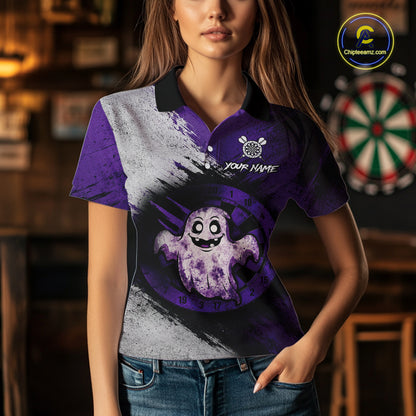 Custom Purple Grunge Halloween Ghost Dart Polo & 1/4 Zip Shirt For Women Halloween Darts Team Jersey NYN4278