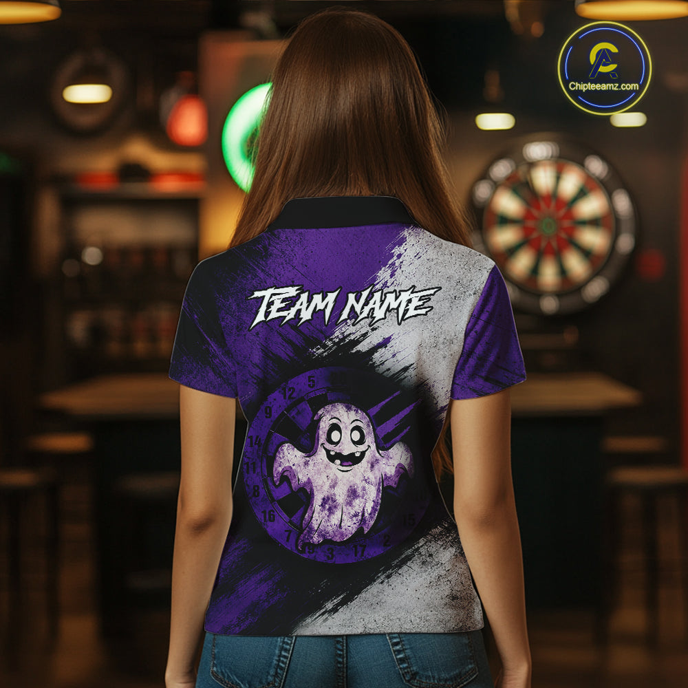 Custom Purple Grunge Halloween Ghost Dart Polo & 1/4 Zip Shirt For Women Halloween Darts Team Jersey NYN4278