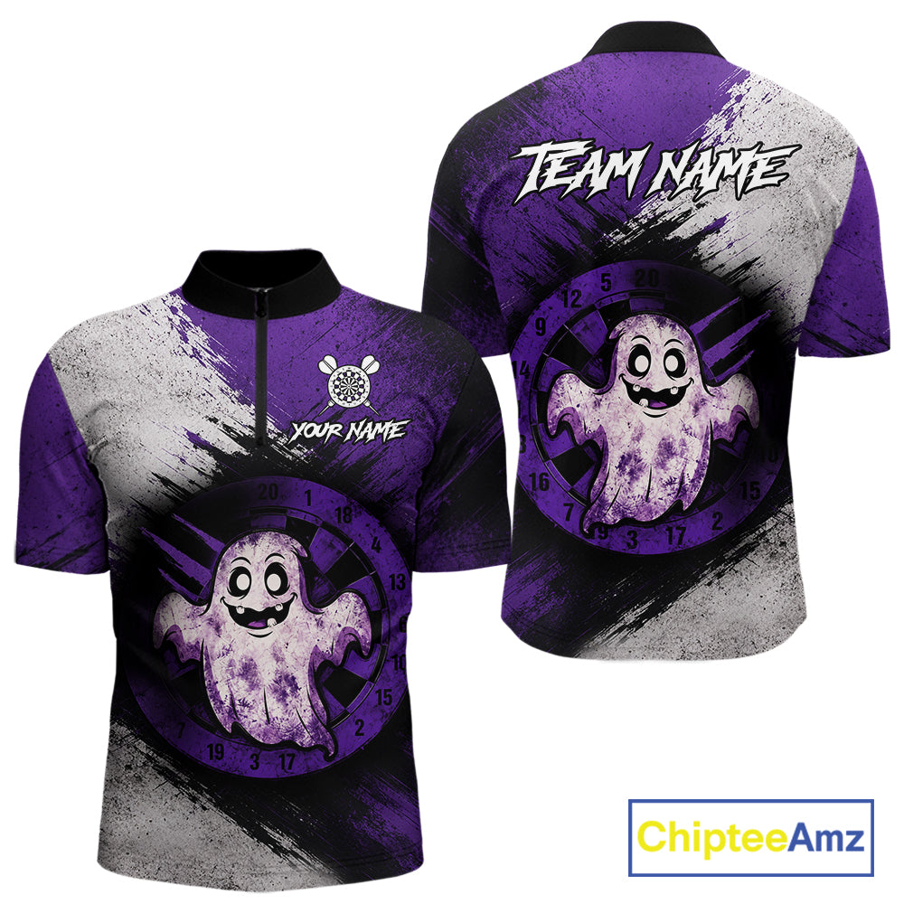 Custom Purple Grunge Halloween Ghost Dart Polo & 1/4 Zip Shirt For Men Halloween Darts Team Jersey NYN4278