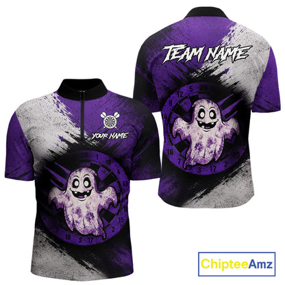 Custom Purple Grunge Halloween Ghost Dart Polo & 1/4 Zip Shirt For Men Halloween Darts Team Jersey NYN4278