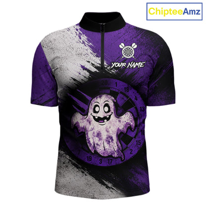 Custom Purple Grunge Halloween Ghost Dart Polo & 1/4 Zip Shirt For Men Halloween Darts Team Jersey NYN4278