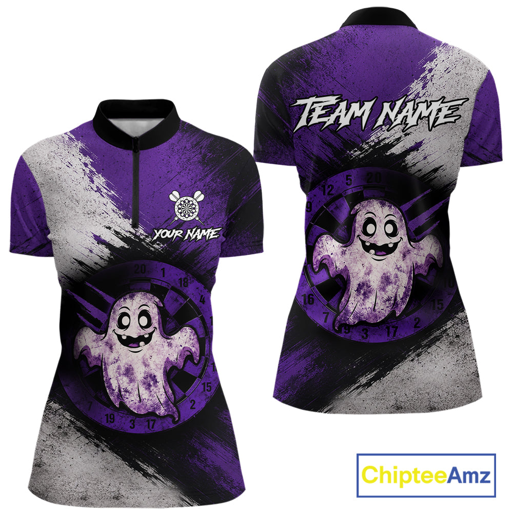 Custom Purple Grunge Halloween Ghost Dart Polo & 1/4 Zip Shirt For Women Halloween Darts Team Jersey NYN4278