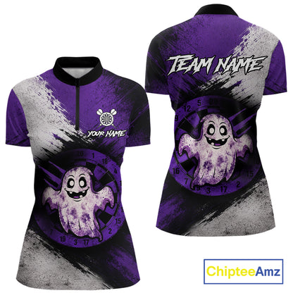 Custom Purple Grunge Halloween Ghost Dart Polo & 1/4 Zip Shirt For Women Halloween Darts Team Jersey NYN4278