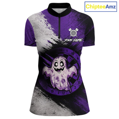 Custom Purple Grunge Halloween Ghost Dart Polo & 1/4 Zip Shirt For Women Halloween Darts Team Jersey NYN4278