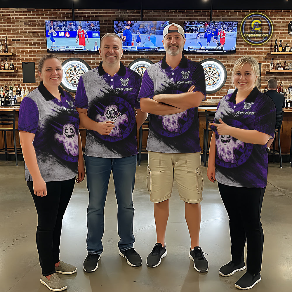 Custom Purple Grunge Halloween Ghost Dart Polo & 1/4 Zip Shirt For Men Halloween Darts Team Jersey NYN4278