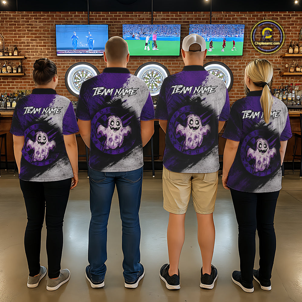 Custom Purple Grunge Halloween Ghost Dart Polo & 1/4 Zip Shirt For Men Halloween Darts Team Jersey NYN4278