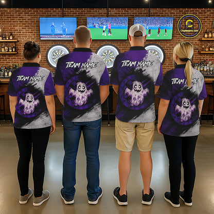 Custom Purple Grunge Halloween Ghost Dart Polo & 1/4 Zip Shirt For Men Halloween Darts Team Jersey NYN4278