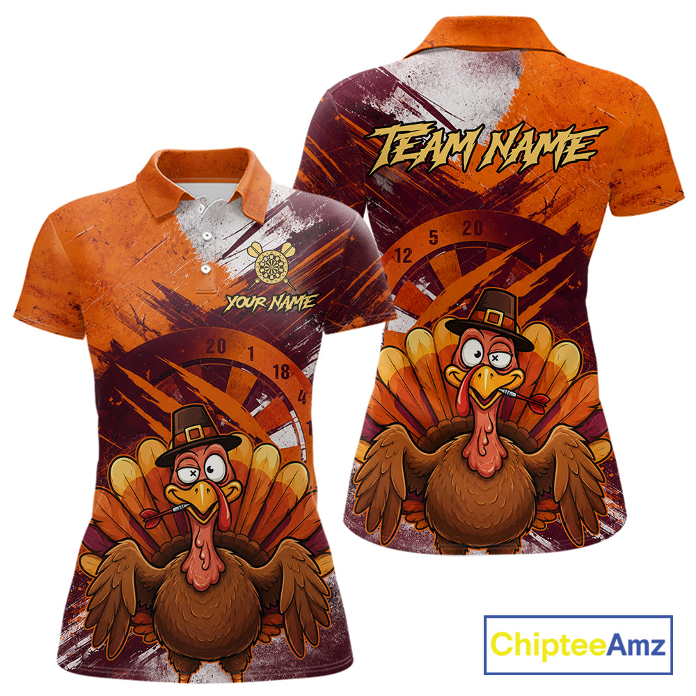 Custom Orange Grunge Turkey Dart Polo & 1/4 Zip Shirt For Women Thanksgiving Darts Team Jersey NYN4279