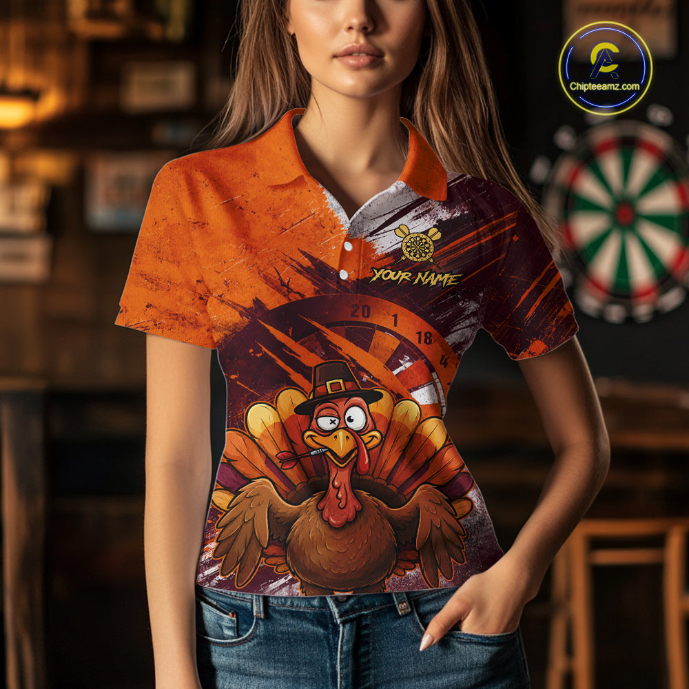 Custom Orange Grunge Turkey Dart Polo & 1/4 Zip Shirt For Women Thanksgiving Darts Team Jersey NYN4279