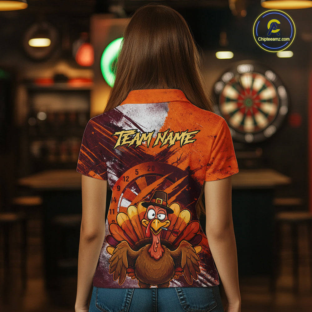 Custom Orange Grunge Turkey Dart Polo & 1/4 Zip Shirt For Women Thanksgiving Darts Team Jersey NYN4279