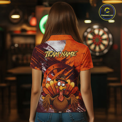 Custom Orange Grunge Turkey Dart Polo & 1/4 Zip Shirt For Women Thanksgiving Darts Team Jersey NYN4279