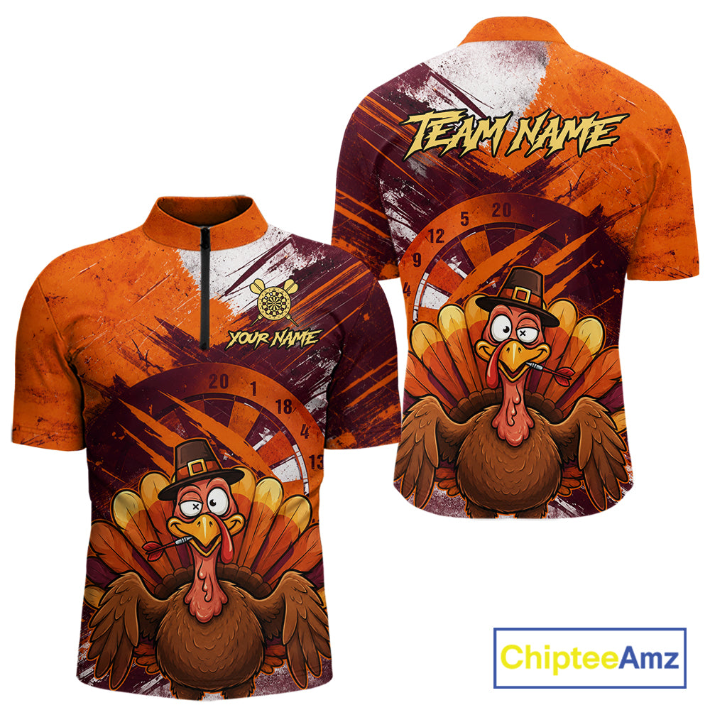 Custom Orange Grunge Turkey Dart Polo & 1/4 Zip Shirt For Men Thanksgiving Darts Team Jersey NYN4279