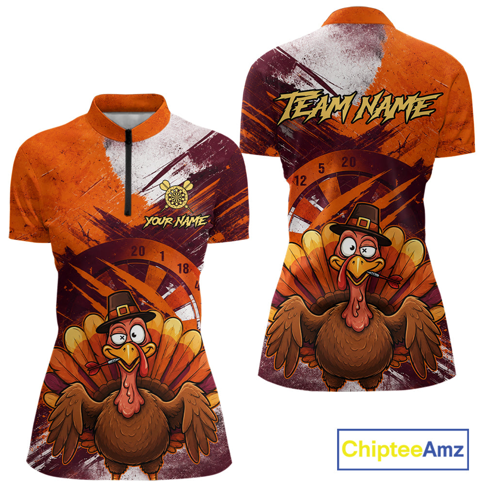 Custom Orange Grunge Turkey Dart Polo & 1/4 Zip Shirt For Women Thanksgiving Darts Team Jersey NYN4279