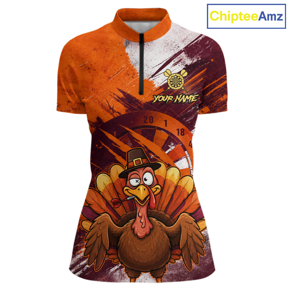 Custom Orange Grunge Turkey Dart Polo & 1/4 Zip Shirt For Women Thanksgiving Darts Team Jersey NYN4279